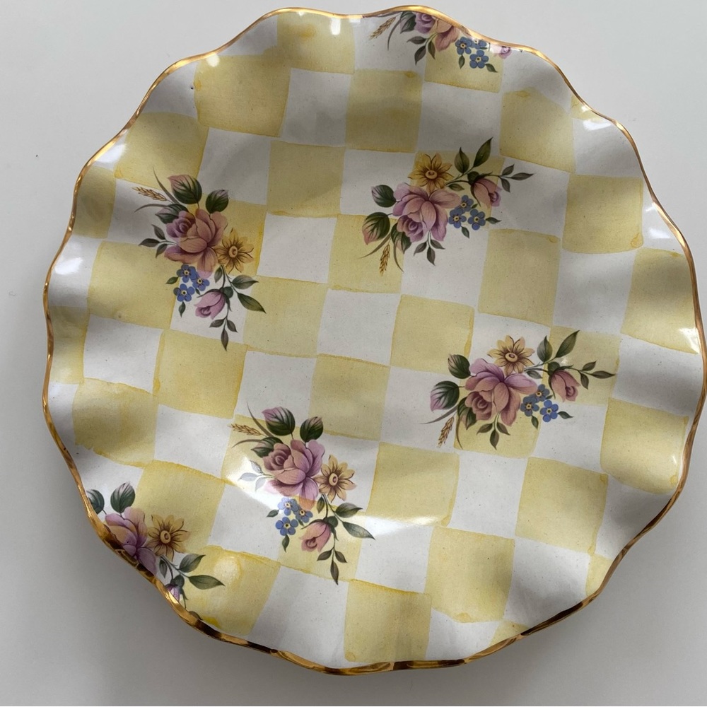 MacKenzie Childs RARE Honeymoon Yellow 9inch Plate Ruffled Gold Edges